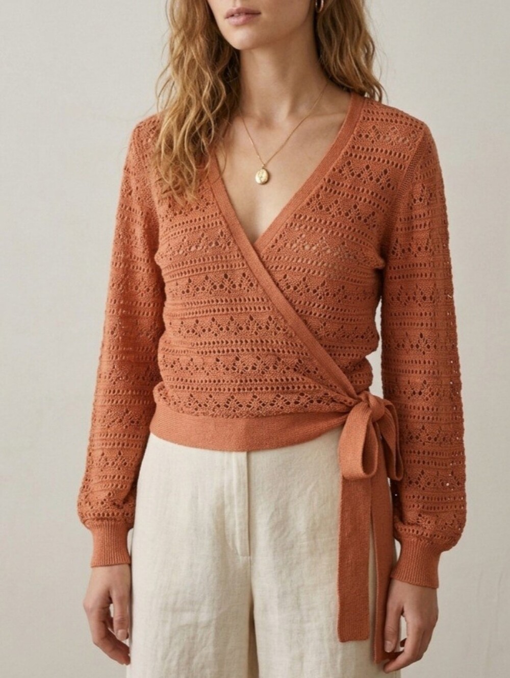 XS 100% Cotton Monk & Lou Wrap Knit Cardigan Sweater in Terracotta